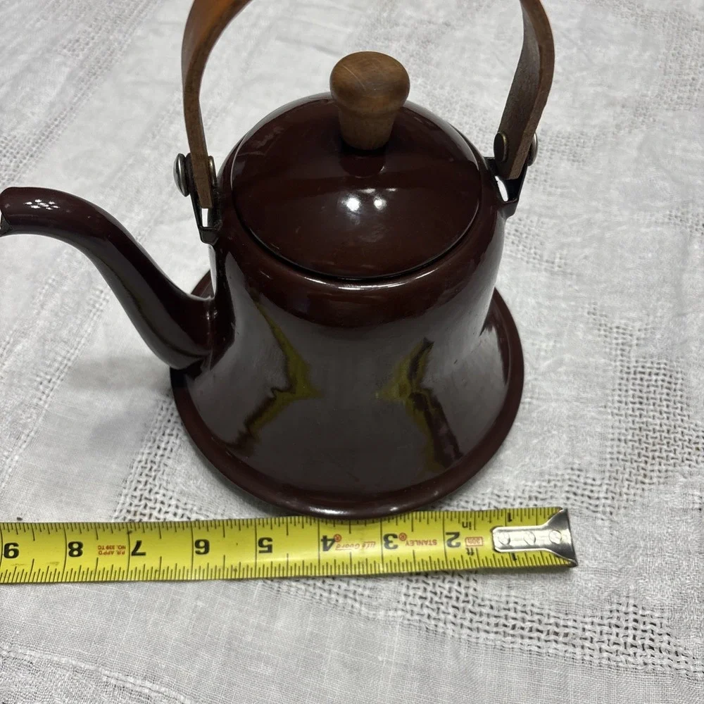 Pretty Shiny Rich Brown Enamel Ware Tea Kettle Metal Farmhouse Cottage Rustic